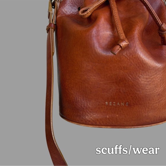 SEZANE Cognac Rich Brown Glossy Leather Crossbody Bucket Bag Farrow Shoulder Bag - Picture 10 of 17